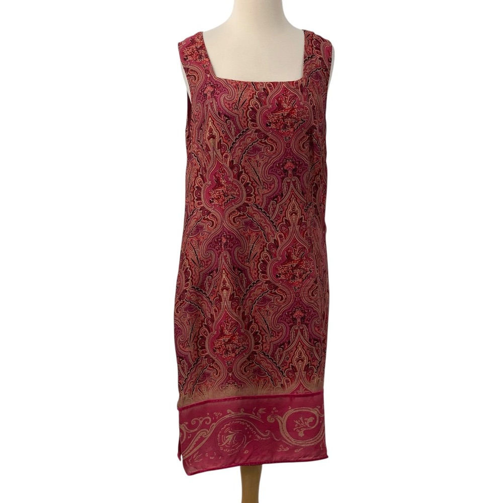 Valerie Stevens Sleeveless Square Neck Silk Shift Dress Fushia Paisley Size 10
